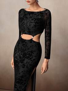Modelyn Fashionable Sexy Solid Color Crop Top Long Sleeve Bodycon Dress - Black - View 4