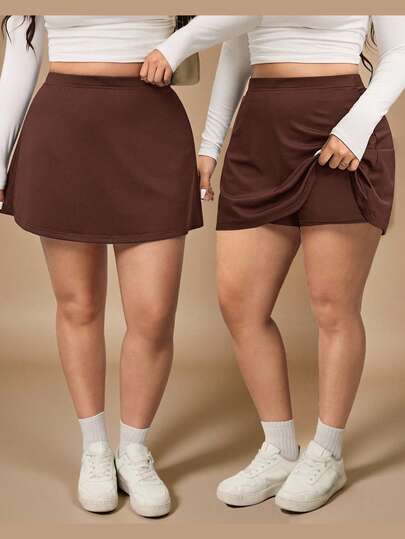 Enliva Plus Size Women's Solid Color Basic A-Line Casual Skirt (With Shorts), Friendly To Round Body Curves For 2026 New Year, For Apple & Rounded Body Shape
