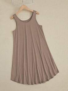 Sleeveless Solid Color Round Neck Summer House Dress, Moo Moo - Coffee Brown - View 2