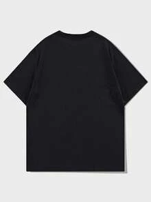 ROMWE MEN Street Life Men's Letter & Cross Print Round Neck Loose Casual Short Sleeve T-Shirt - Black - View 2