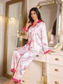 LuxeNights Bow Print Color Block Faux Silk Ruffle Trim Women Long Sleeve Pajama Set Valentine's - Multicolor - View 6