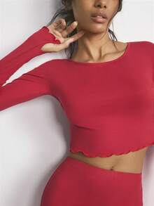 Ocili 女士纯色圆领长袖露脐上衣和喇叭裤休闲套装，红色家居服两件套，秋冬服装 - 紅色 - 查看 7