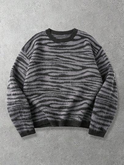 Zebra Print Pattern Crew Neck Casual Long Sleeve Pullover Sweater