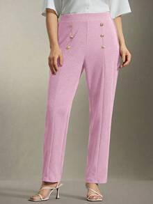 Flouryn 大码双金属装饰纽扣直筒裤，通勤和外出穿着优雅得体 - 粉色 - 查看 7