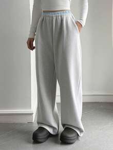 DAZY Celana Jogging Wanita Longgar dengan Pinggang Dua Lapis dan Panel Warna Kontras - Grey - View 3