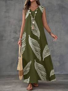 EMERY ROSE Women's Army Green Woven Fabric Boho Maxi Dress With V Neck Sleeveless Design Random Feather Print And Split Thigh,Casual - Army Green - View 3