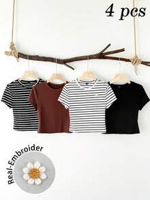 Tseoso 4pcs Set All-Match Solid Color Round Neck Fitted Short Sleeve Crop T-Shirts For Women, Daisy Embroidered,Sexy Cute Y2K Coconutgirl Boho Music Festival Suitable For Going Out - Multicolor - View 1