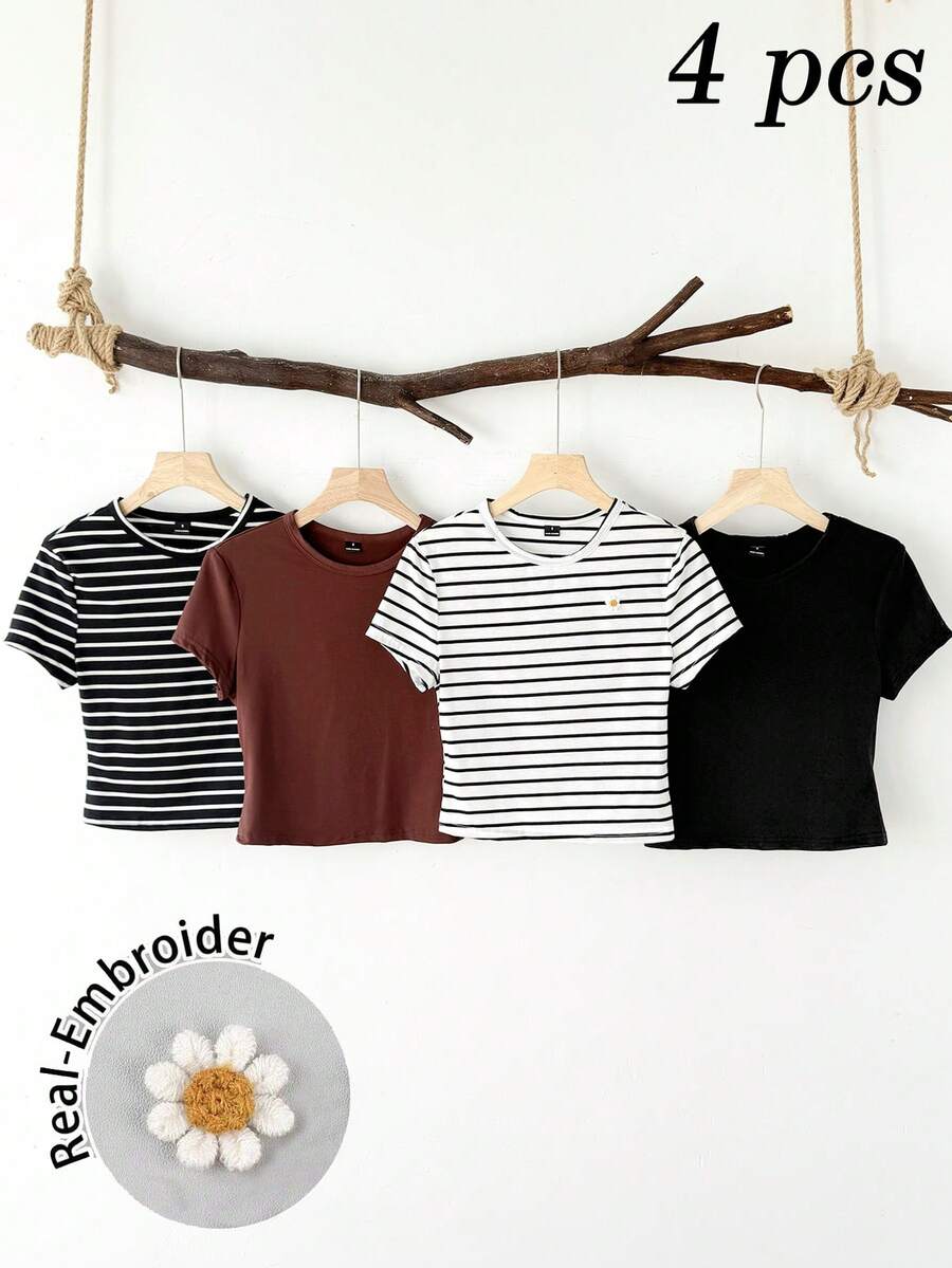 Tseoso 4pcs Set All-Match Solid Color Round Neck Fitted Short Sleeve Crop T-Shirts For Women, Daisy Embroidered,Sexy Cute Y2K Coconutgirl Boho Music Festival Suitable For Going Out - Multicolor - View 1