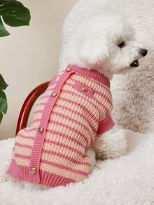 PETSIN 粉色条纹宠物毛衣，保暖狗/猫衣服，秋冬季，小型犬 - 粉色 - 查看 8