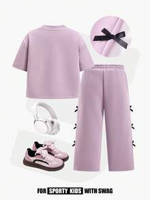 JNSQ 2pcs/Set Young Girls' Round Neck Short Sleeve Sweatshirt With Bow Print & Sweatpants, Spring/Summer - Pink - View 2