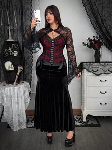 Whyspr Áo sơ mi ren đỏ chắp vá phong cách ngày lễ tình nhân tối màu cỡ lớn - Nhiều màu - Xem 5