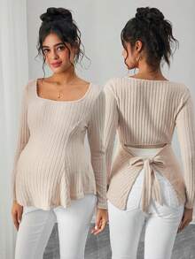 Momance Maternity U-Neck Raglan Sleeve Ruffle Hem Casual Comfortable T-Shirt - Apricot - View 1