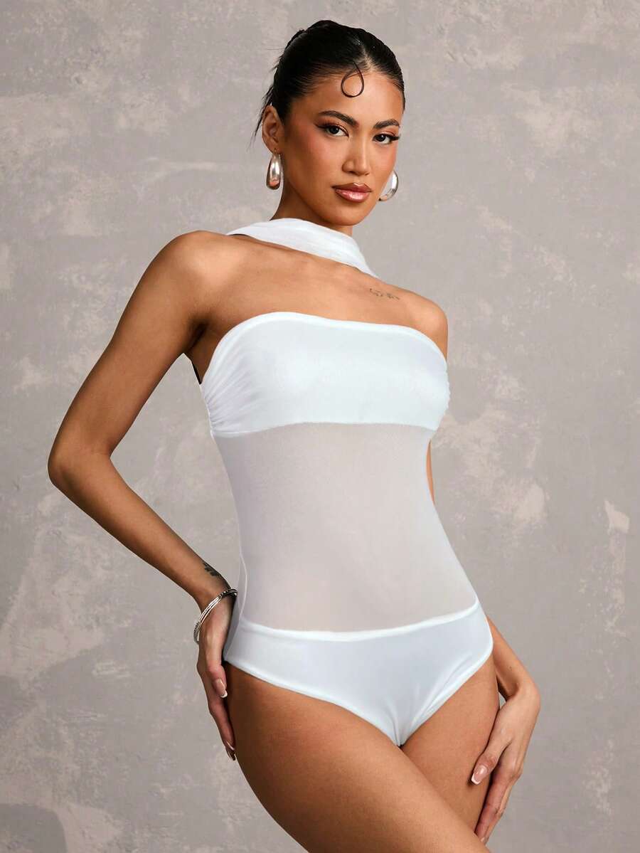 SHEIN BAE Body transparent sans bretelles noir unicolore pour femmes, blanc, été, élégant, sexy chic, club, convient pour les festivals de musique, les concerts, les fêtes, les tenues de festival - Blanc - Voir 1