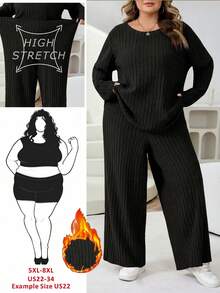 SHEIN CURVE+ Bộ đồ hai mảnh gồm áo phông và quần dài cỡ lớn dành cho nữ, Bộ đồ hai mảnh thường ngày/2026/Năm mới - màu đen - Xem 1