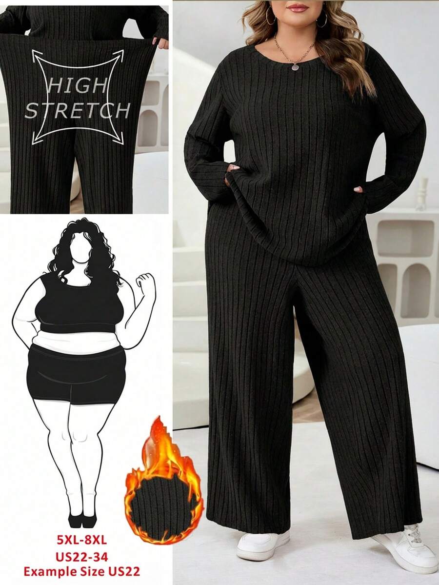 SHEIN CURVE+ Bộ đồ hai mảnh gồm áo phông và quần dài cỡ lớn dành cho nữ, Bộ đồ hai mảnh thường ngày/2026/Năm mới - màu đen - Xem 1