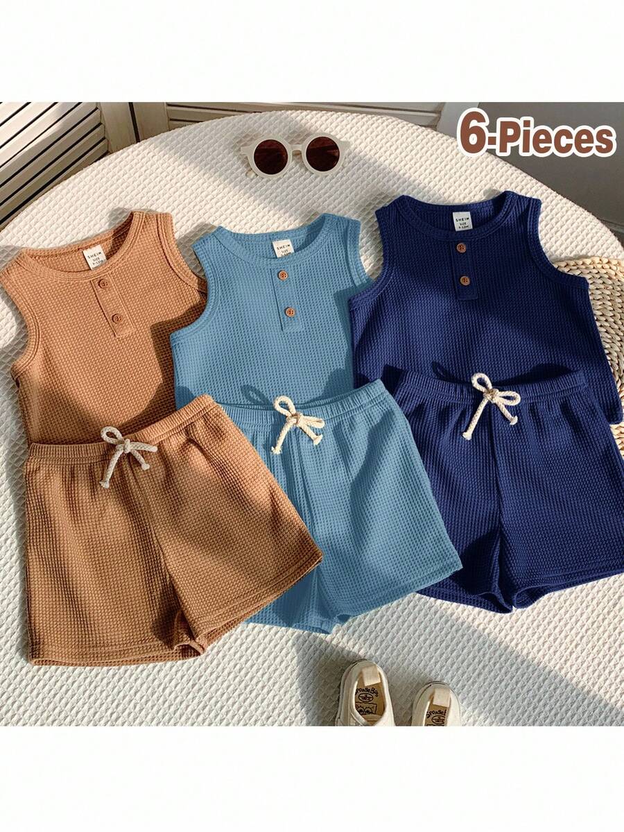 Loomiva 6pcs/Set Baby Boy Cute Casual Knit Top & Shorts Set, Basic Multi-Pack, Summer - Multicolor - View 1