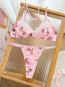 2件套可爱粉色蕾丝拼接内衣套装 - 粉色 - 查看 6