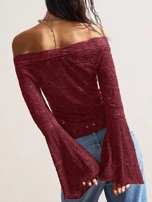 Bohemela 波西米亚复古休闲纯色针织蕾丝露肩喇叭袖修身女式上衣 - 酒紅色 - 查看 8