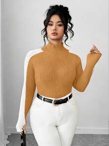 Elenzga Plus Size Slim Fit Color Block Turtleneck Long Sleeve Sweater - Camel - View 3