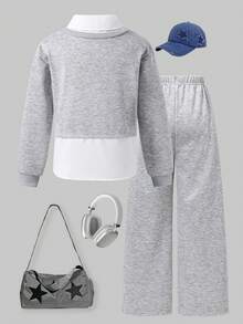 SHEIN ChillGRL 2pcs/Set Tween Girl Casual Loose Shirt Collar 2 In 1 Long Sleeve T-Shirt, Knit Top And Simple Versatile Wide Leg Straight Pants, Suitable For Back To School And Daily Wear, Spring/Autumn - Grey - View 2