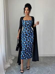 Rafferiza Vestido largo de manga larga con abertura y estampado fluido, vestido de noche con recortes, estilo europeo y americano - azul real - Ver 3