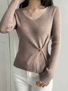 DAZY 女士V领收腰修身优雅宽松针织毛衣 - 杏色 - 查看 3