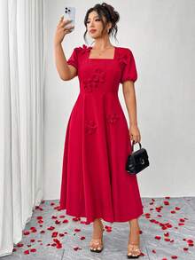 Elenzga Plus Size Women's Square Neck 3D Floral Elegant Dress With A-Line Silhouette, Suitable For Parties And Gatherings - Red - View 1