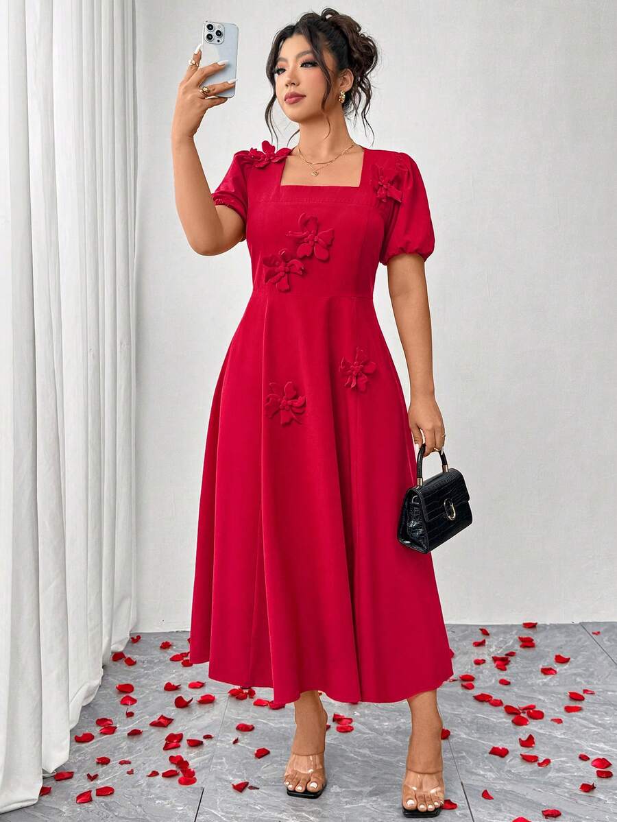 Elenzga Plus Size Women's Square Neck 3D Floral Elegant Dress With A-Line Silhouette, Suitable For Parties And Gatherings - Red - View 1