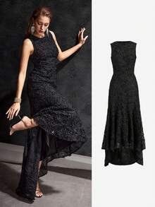 MOTF Soiréza 3D FLORAL APPLIQUES SHORT FRONT LONG BACK SLEEVELESS DRESS, SUITABLE FOR WEDDING, PARTY, BANQUET - Black - View 2