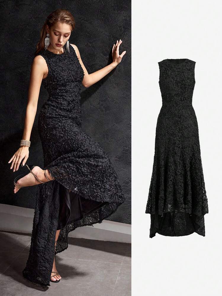 MOTF Soiréza Robe sans manches à appliqués floraux 3D, avec partie avant courte et partie arrière longue, convient pour mariage, fête, banquet