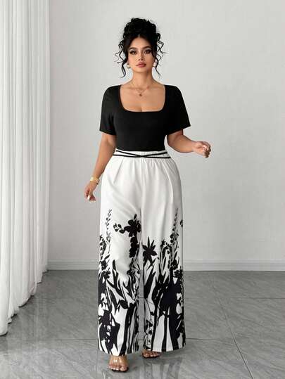 Elenzga Plus Size Women's Spring/Summer Elegant Black & White Floral Print Jumpsuit, Fitted Waist Design, Wide Leg Floral Printed Romper, Suitable For Brunch, Shopping, Casual Outings, Family Gatherings, Beach Vacation Or Music Festivals