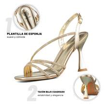 Weide Sandalias de tacón para mujer con tiras tipo diamante, diseño minimalista y punta elegante, tacón bajo estable y suela antideslizante, sandalia elegante mujer para eventos y uso formal - Dorado - Ver 5