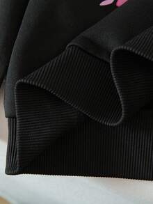 SHEIN Genkimix Kids Young Girls Casual Pink & Black Letter Slogan Print Long Sleeve Sweatshirt, Spring/Summer/Autumn/Winter - Black - View 3