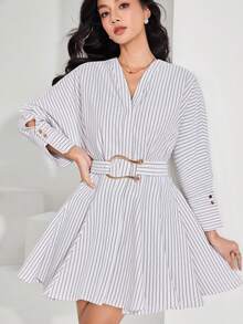Heiryn Damen Lässig Gestreiftes Langarm Minikleid - Weiss - Übersicht 2