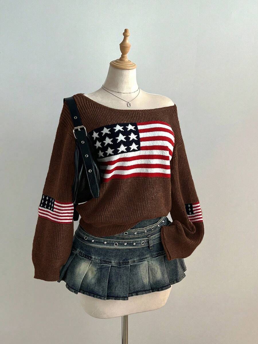 Flirla Women's Casual National Flag Pattern Jacquard Knit Sweater, Autumn/Winter - Coffee Brown - View 1