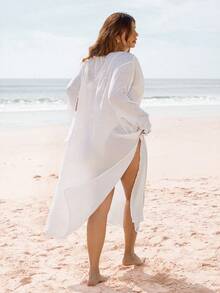 Swim Vcay 大码女式白色长袖V领蕾丝拼接休闲优雅沙滩罩衫 - 白色 - 查看 2