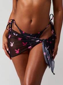 Missguided x Playboy 网纱沙滩罩衫，兔子印花，系带设计，适合夏季度假沙滩泳池派对 - 黑色 - 查看 5