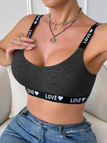 EasyFave 女士舒适日常情书提花文胸 - 深灰色 - 查看 5