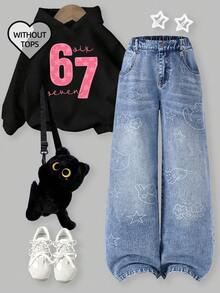 Sparklyn Tween Girls Y2K New Fashion Snowflake Washed Distressed Embroidered Wide-Leg Jeans Cat Lover Clothes Girls Streetwear Cute Cartoon Pattern Girls  Baggy Jeans - Medium Wash - View 9