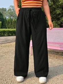 Comfortcana Plus Size Women Simple Solid Color Wide Leg Summer Pants - Black - View 2