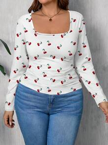 EMERY ROSE Koszulka damska w dużym rozmiarze z nadrukiem wiśniowym i długim rękawem i kwadratowym dekoltem