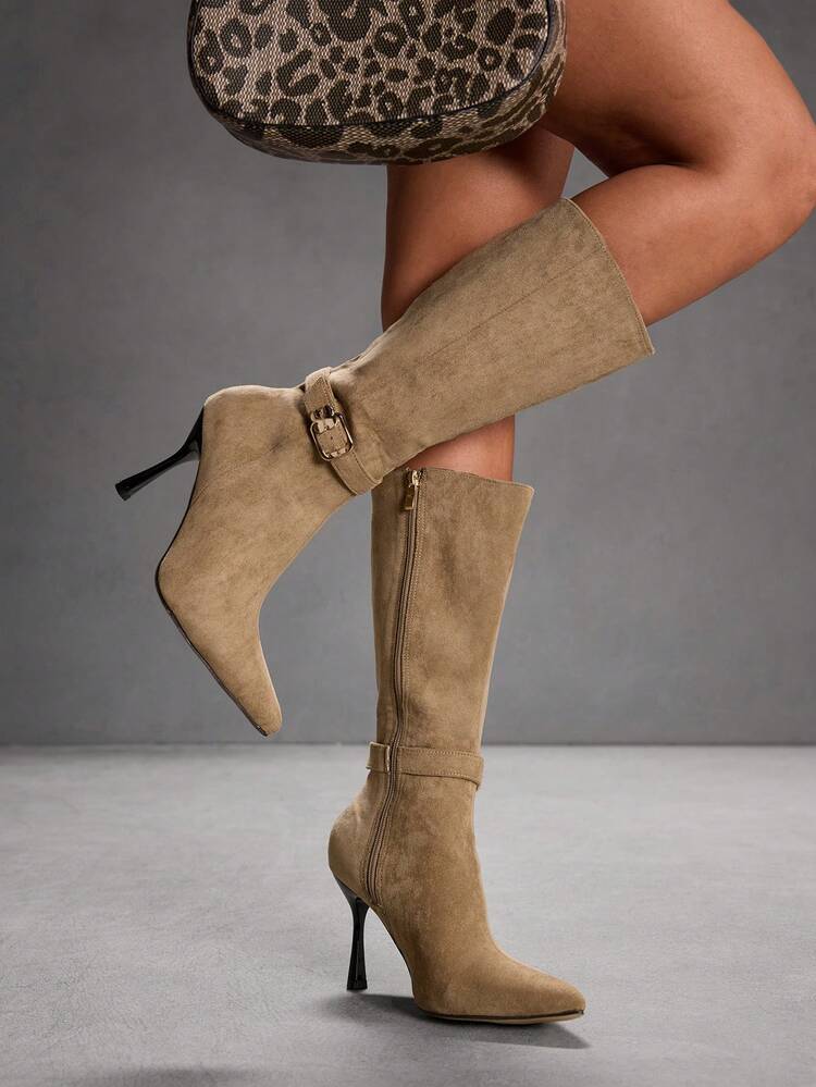 CUCCOO SZL Bottes mi-mollet à talon haut pointues avec boucle métallique classique pour femmes CUCCOO, idéales pour l'hiver et Noël