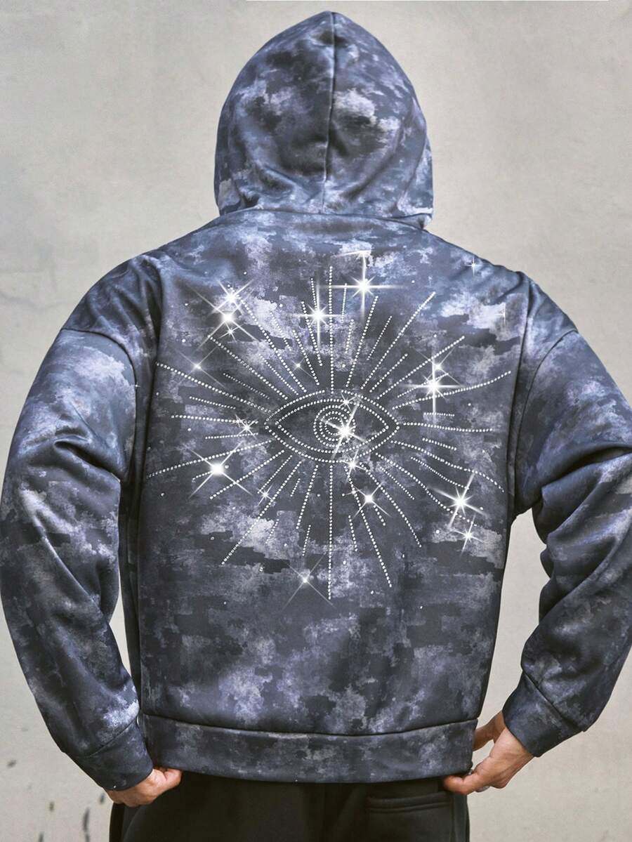AXEPEAK Men's Graphic Hoodie With Gradient Camouflage Print, Rhinestone Eye Embellishments, And A Relaxed, Oversized Fit. - Grey - View 1