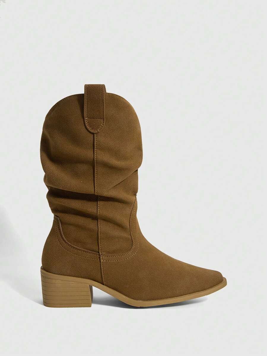 Maija 女士尖头褶皱休闲时尚粗跟中筒靴 - 卡其色 - 查看 1