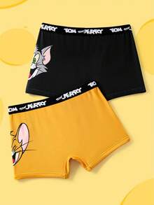TOM & JERRY X SHEIN Tween Boy 2pcs Cute Cartoon Graphic Contrast Letter Tape Waist Comfortable Trunks - Black - View 2