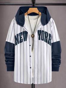 Manfinity Campus Court قميص رجالي بأكمام طويلة مطبوع عليه حرف وبتصميم شريطي ملون وقطع ملون (قص غير منتظم) - أزرق غامق - مشاهدة 1