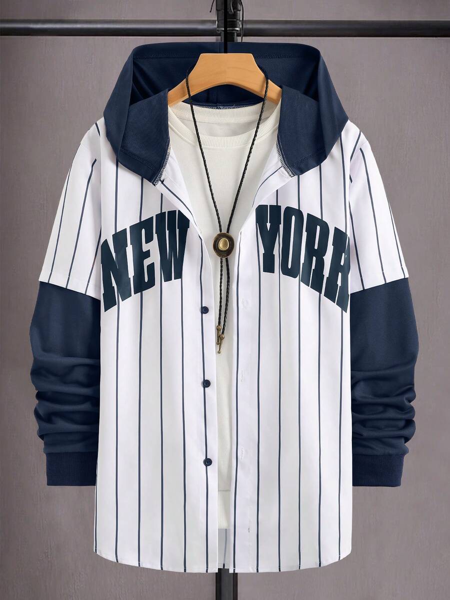 Manfinity Campus Court قميص رجالي بأكمام طويلة مطبوع عليه حرف وبتصميم شريطي ملون وقطع ملون (قص غير منتظم) - أزرق غامق - مشاهدة 1