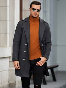 Manfinity Mode Men's Solid Color Pocket & Button Front Long Sleeve Overcoat, Autumn Fall Clothes Men Long Coat Overcoat Men Men Trench Coats - Dark Grey - View 3