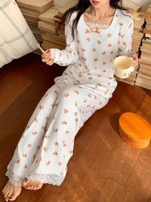 Cute Puppy Print Knitted Women Pajama Set - White - View 5