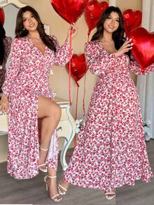 Vionelle Große Größen Damen Französischer Stil elegantes V-Ausschnitt Langarm Taille Raffung Blumen Valentinstag Kleid Kirschprint Kleid Maxi Blumenkleid V-Ausschnitt Maxi Kleid Langarm Blumenkleid Blumenkleid Damen Damen Blumenkleid Sommer Langes Kleid Blumen Wickelkleid - Verschiedenfarbig - Übersicht 9